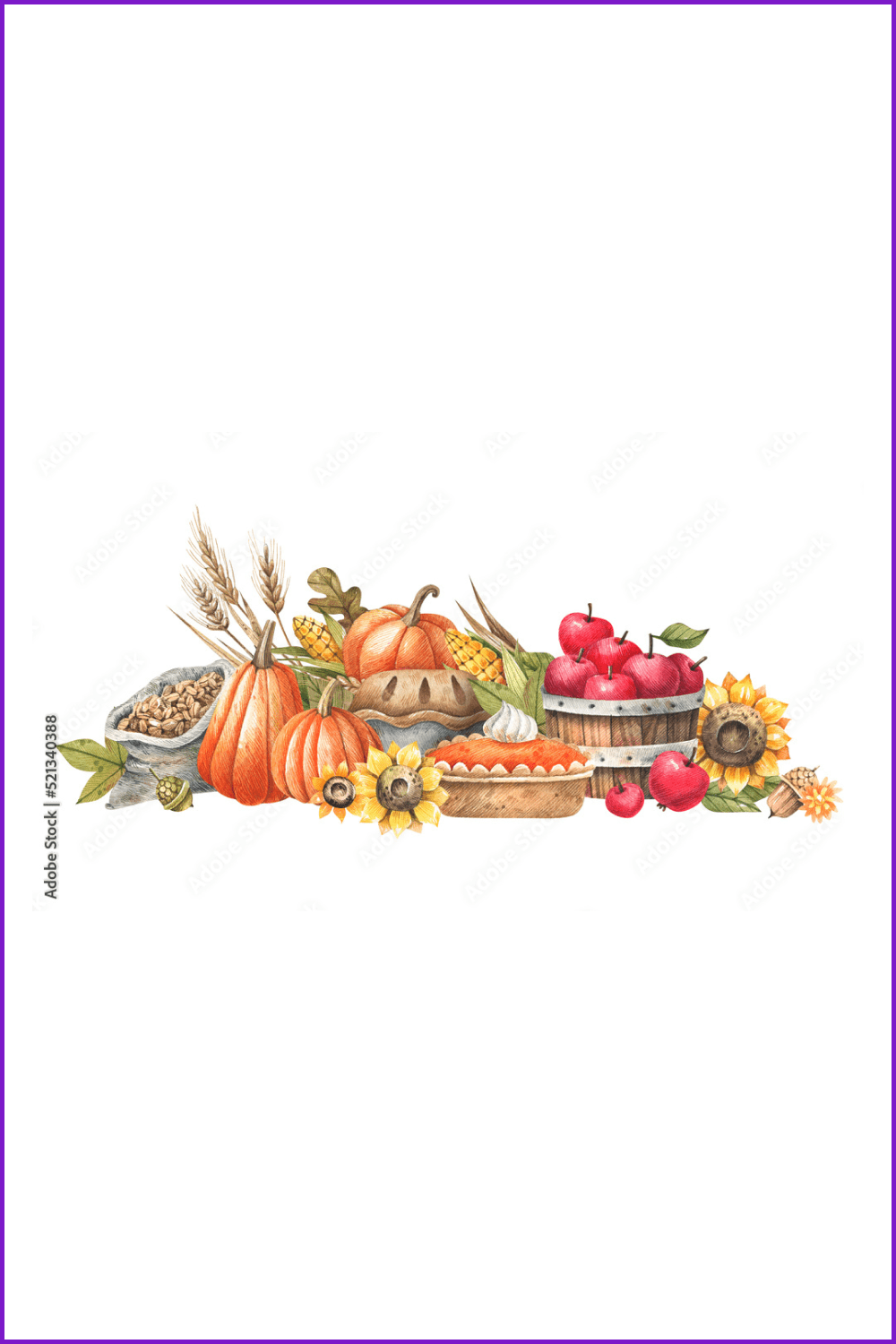 A watercolor illustration of pumpkins, apples, pumpkin pie, sunflowers.