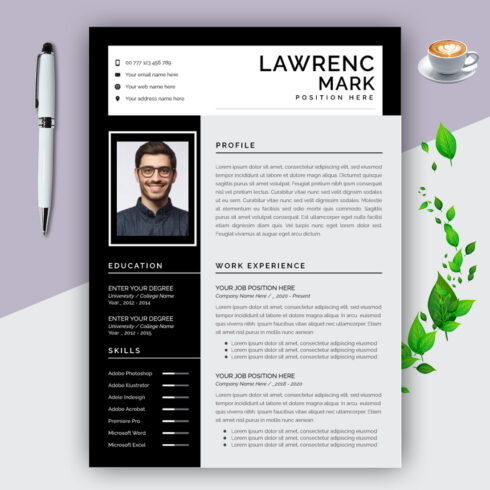 Black and white resume template with a cup of coffee.
