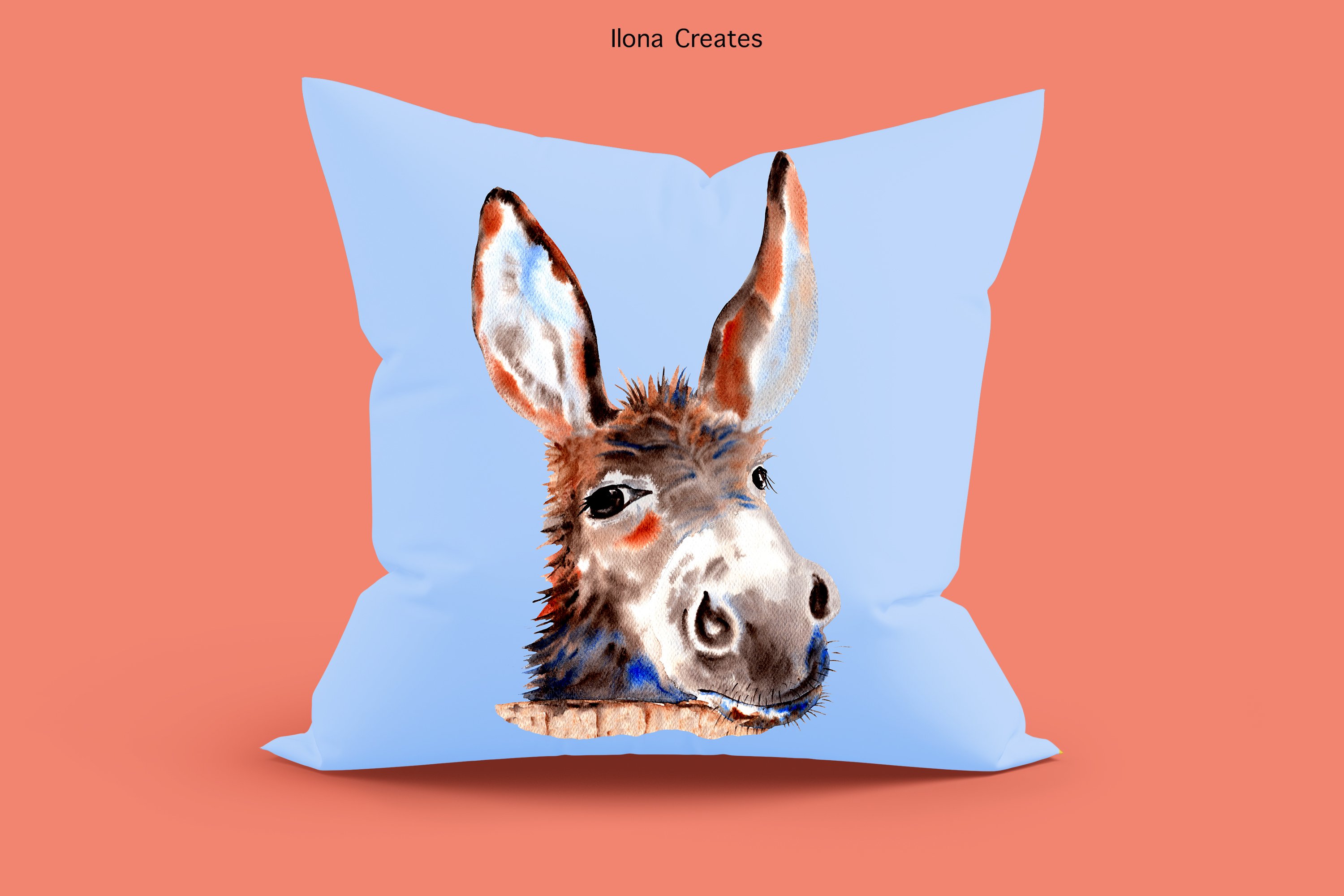 Blue decorate pillow with the donkey face.