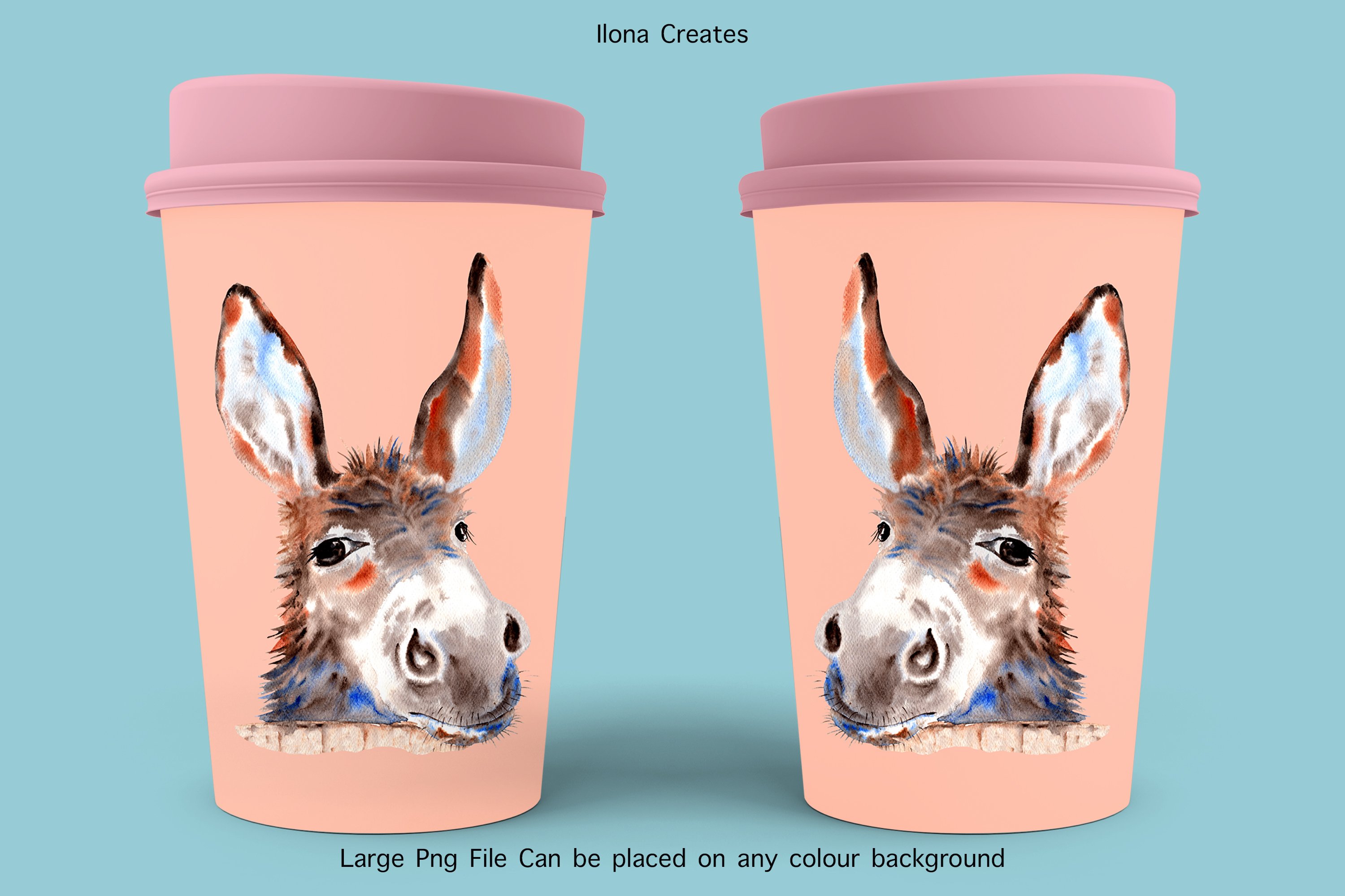Two pastel paper cups with the donkey face.