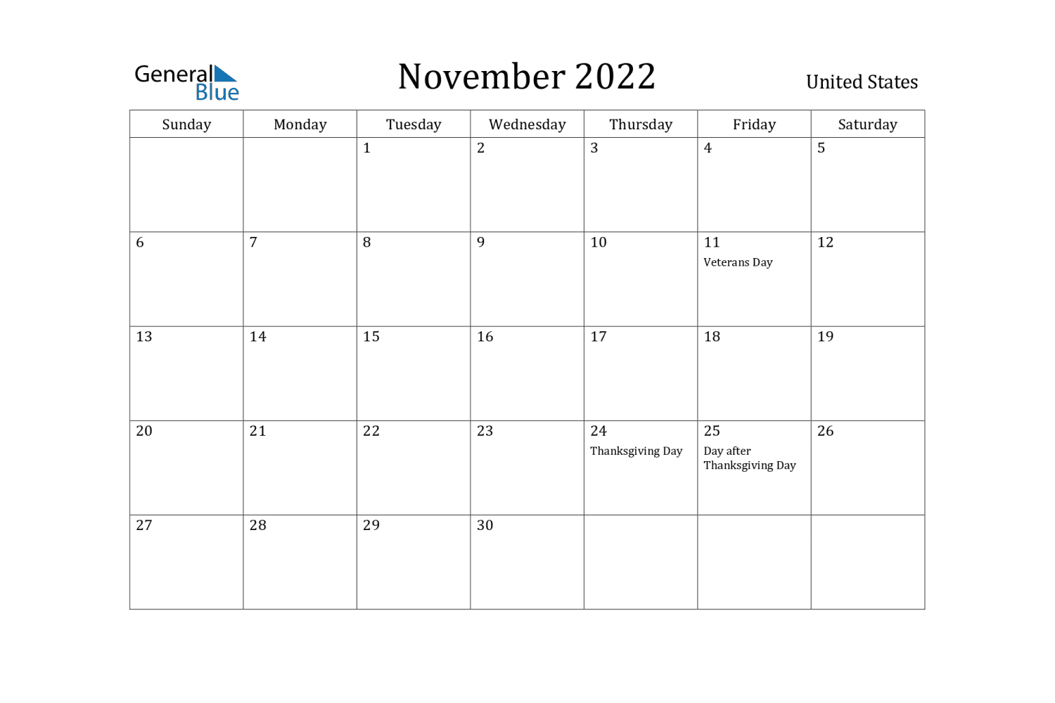 November calendar with holidays in date cells.