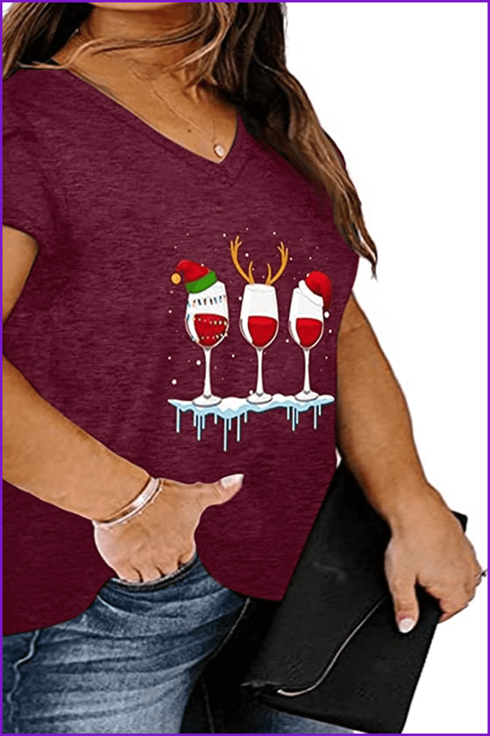 Girl in a t-shirt with three drinks in Christmas hats and horns.