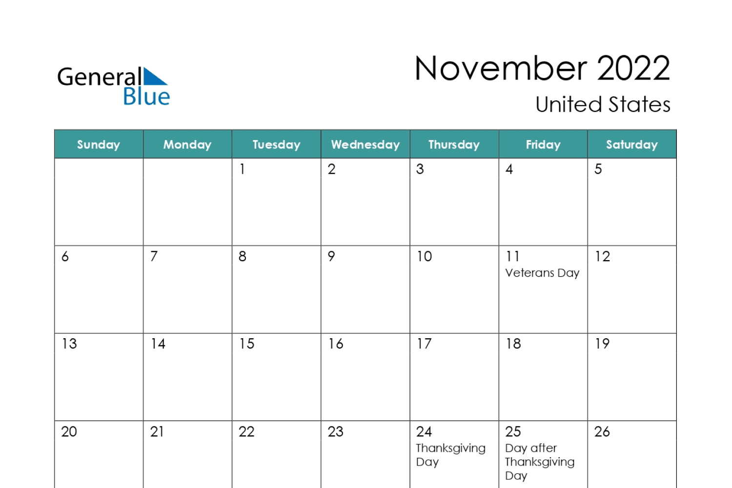 November calendar with holidays in date boxes and green bar.