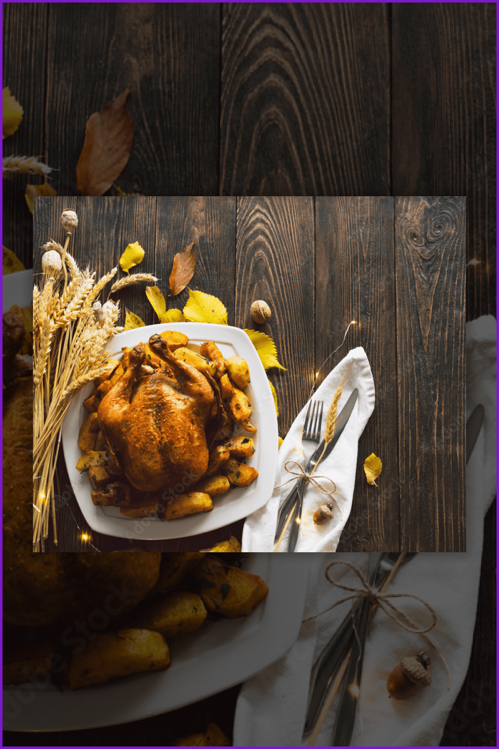 A roasted turkey, golden tree leaves, ears of grain on a dark wooden background.
