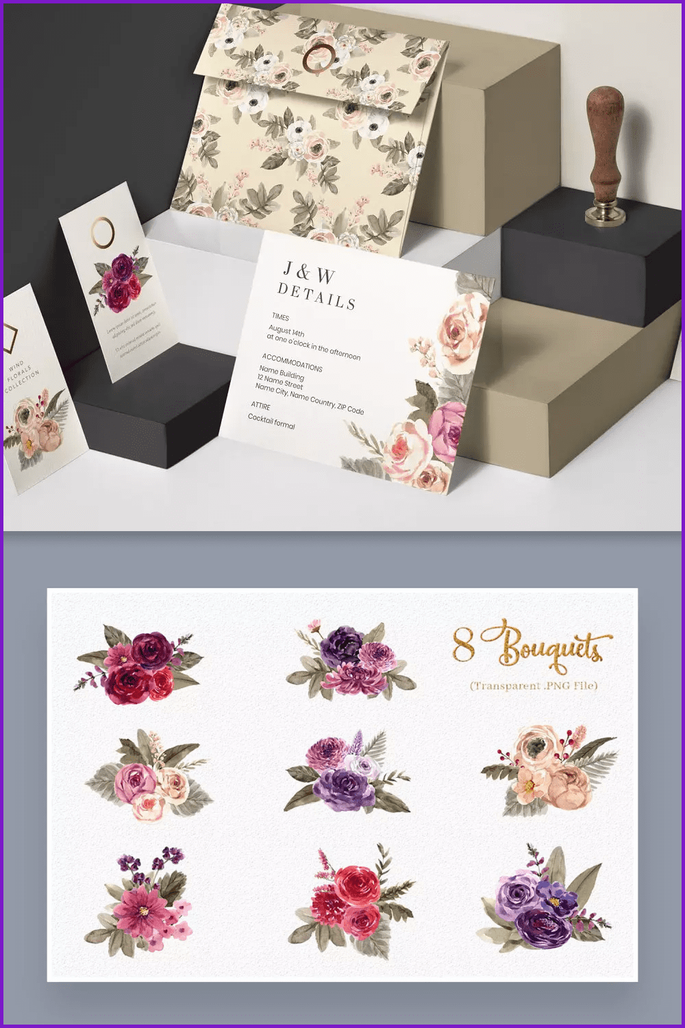 Collage of images of bouquets of flowers on postcards and business cards.