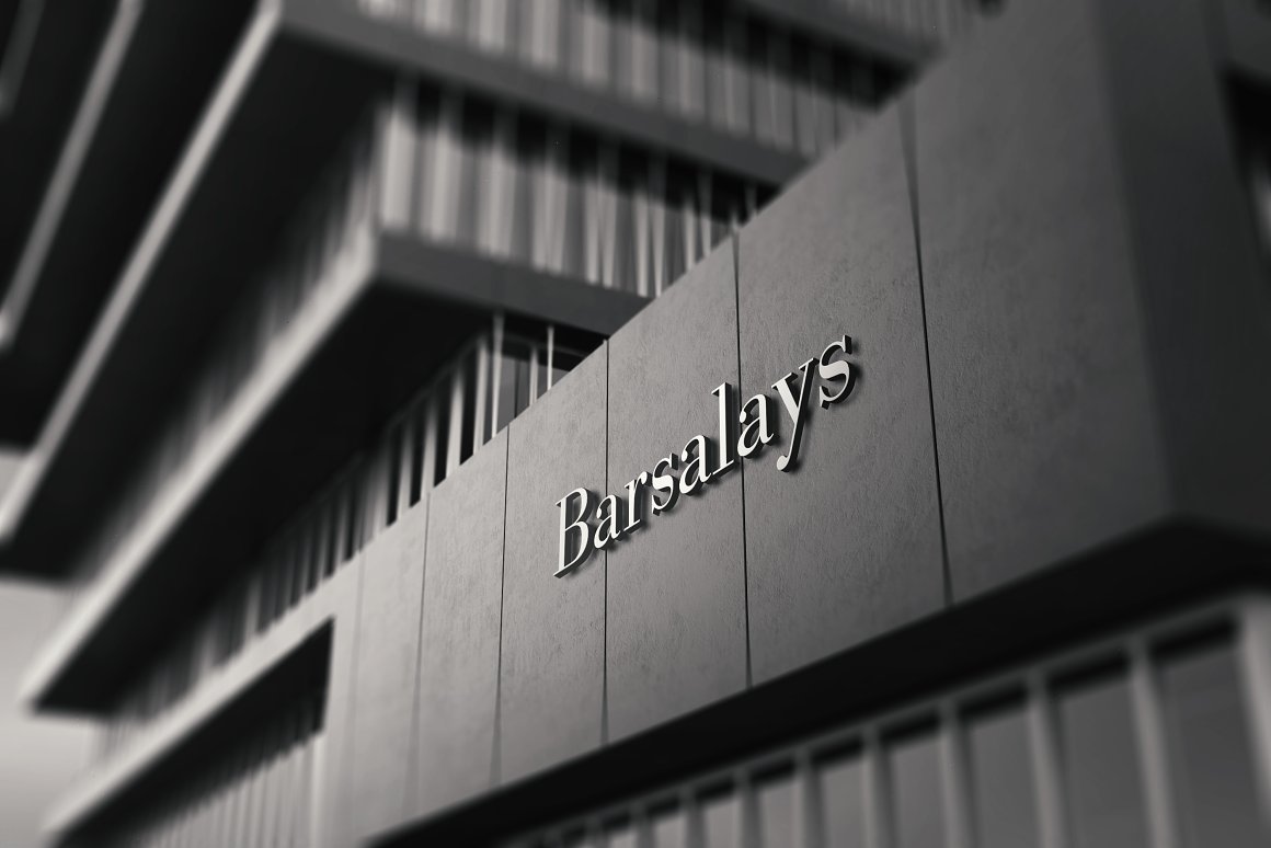 3D dark gray signage wall mockup with a silver logo "Barsalays".