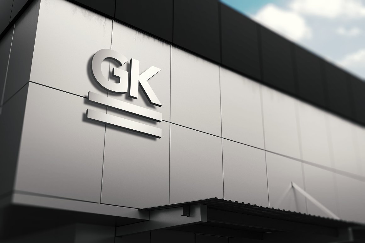 3D gray signage wall mockup with a silver logo "GK".