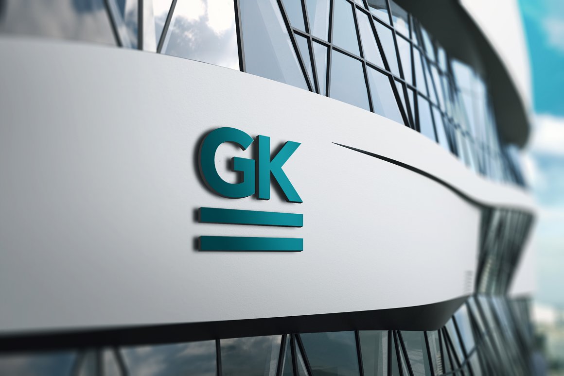 3D gray signage wall mockup with a turquoise logo "GK".