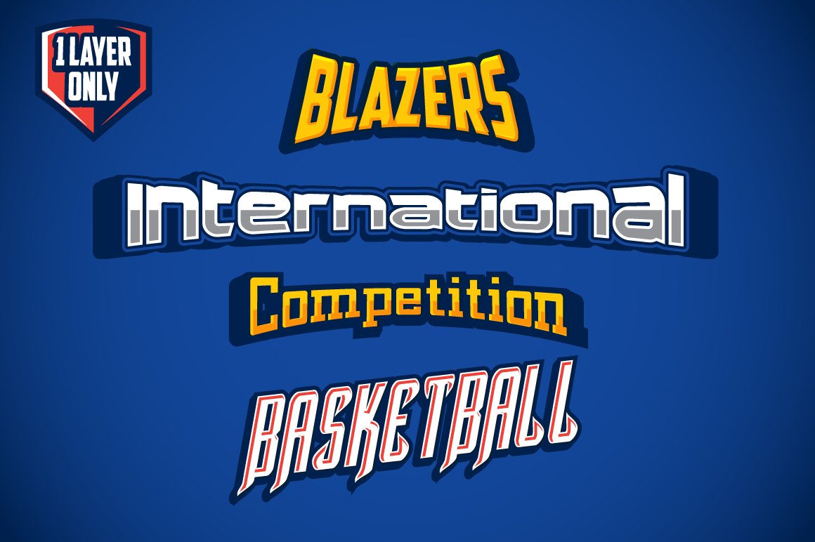 3D white and yellow sports logo "Blazers", "International", "Competition" and "Basketball" on a blue background.