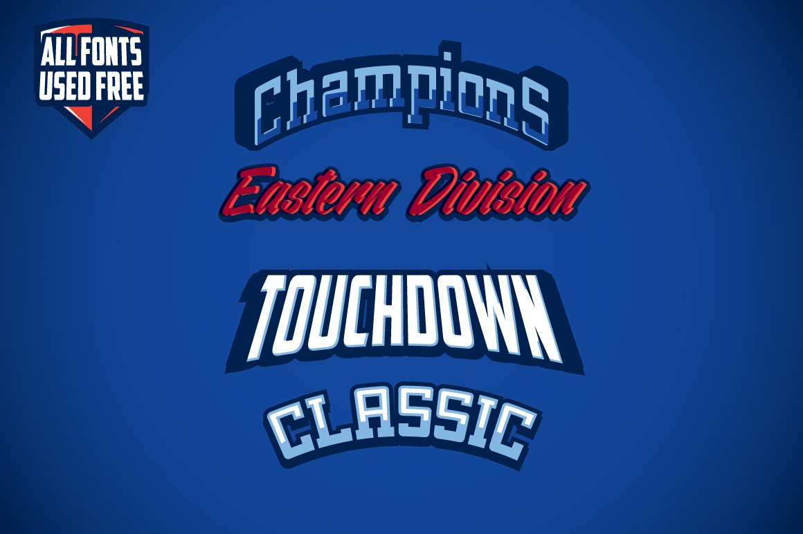 3D sports logo blue "Champions", red "Eastern Division", white "Touchdown" and light blue "Classic" on a blue background.