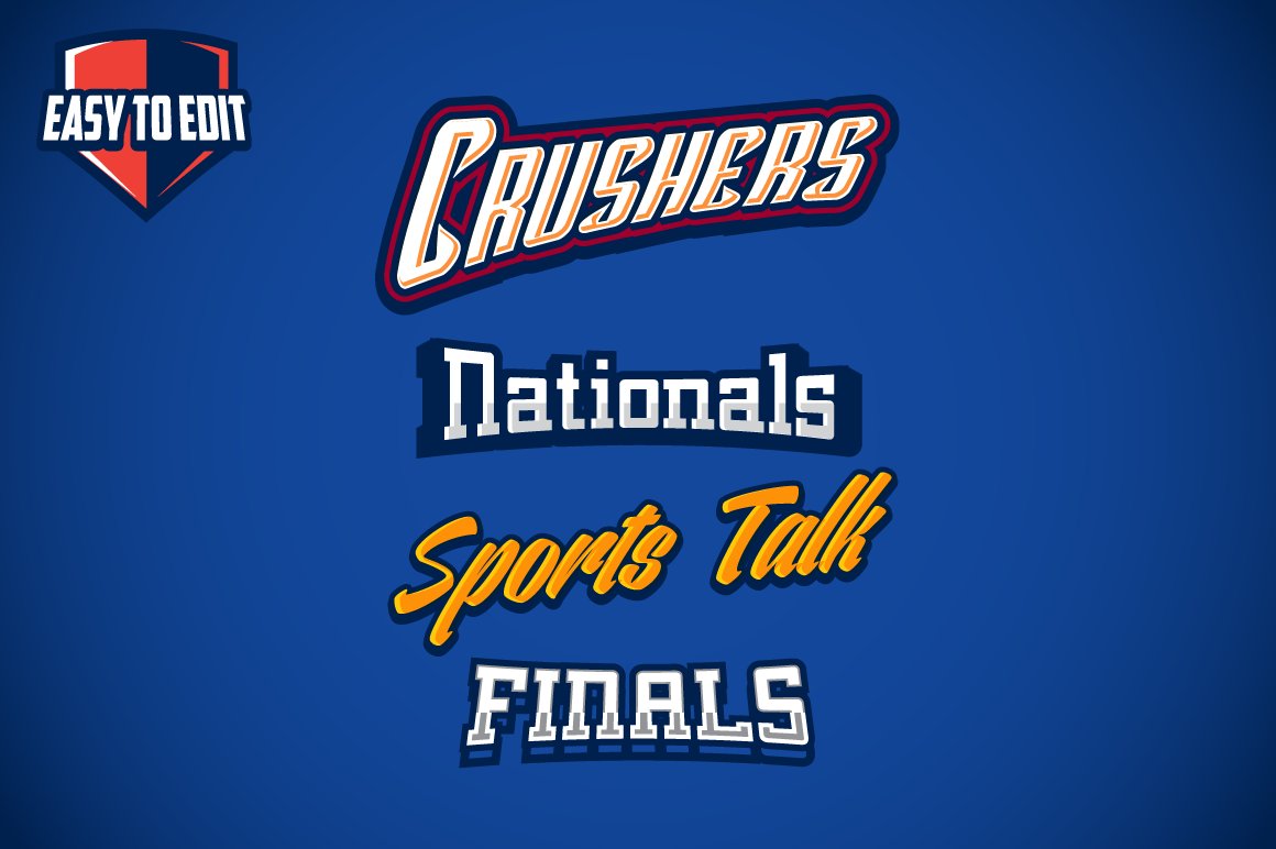 3D sports logo white and red "Crushers", white "Nationals", yellow "Sports Talk" and light gray "Finals" on a blue background.