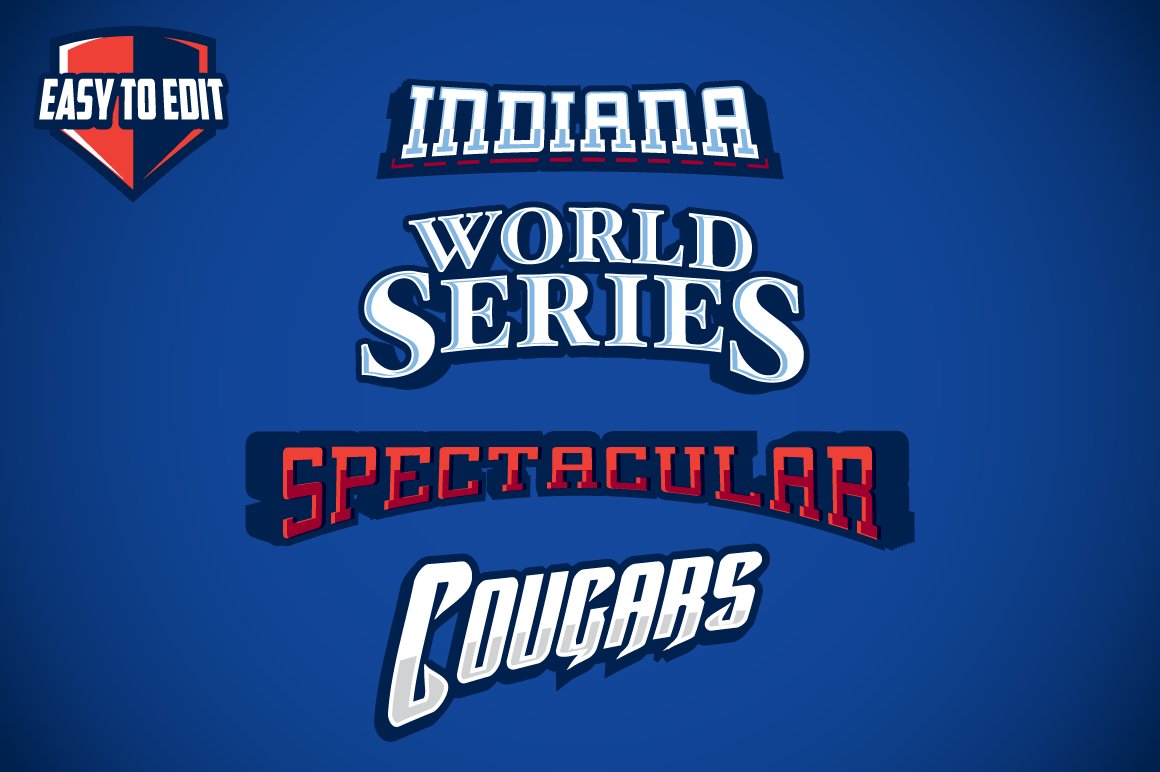 3D sports logo light blue "Indiana", light blue "World Series", red "Spectacular" and white "Cougars" on a blue background.