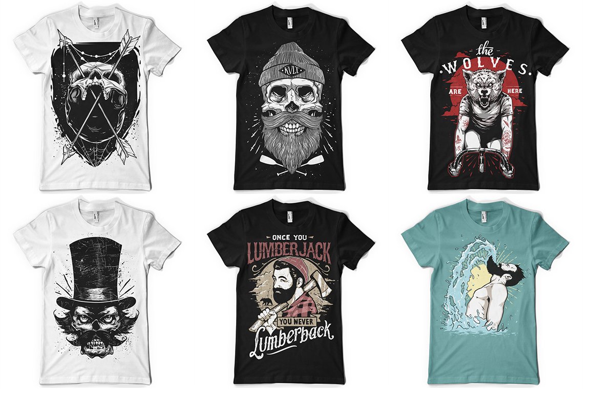 Various of the t-shirts with the skulls and brutal man.