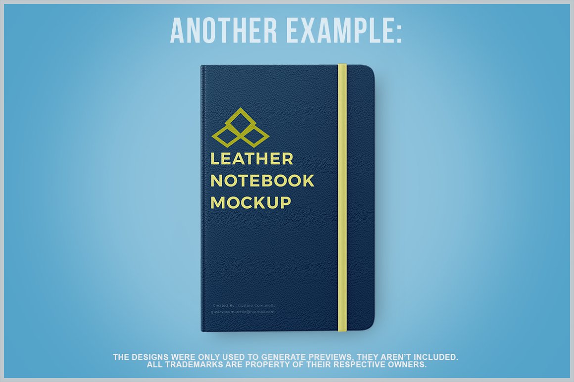 Dark blue mockup leather notebook with a yellow rubber band bookmark on a blue background.