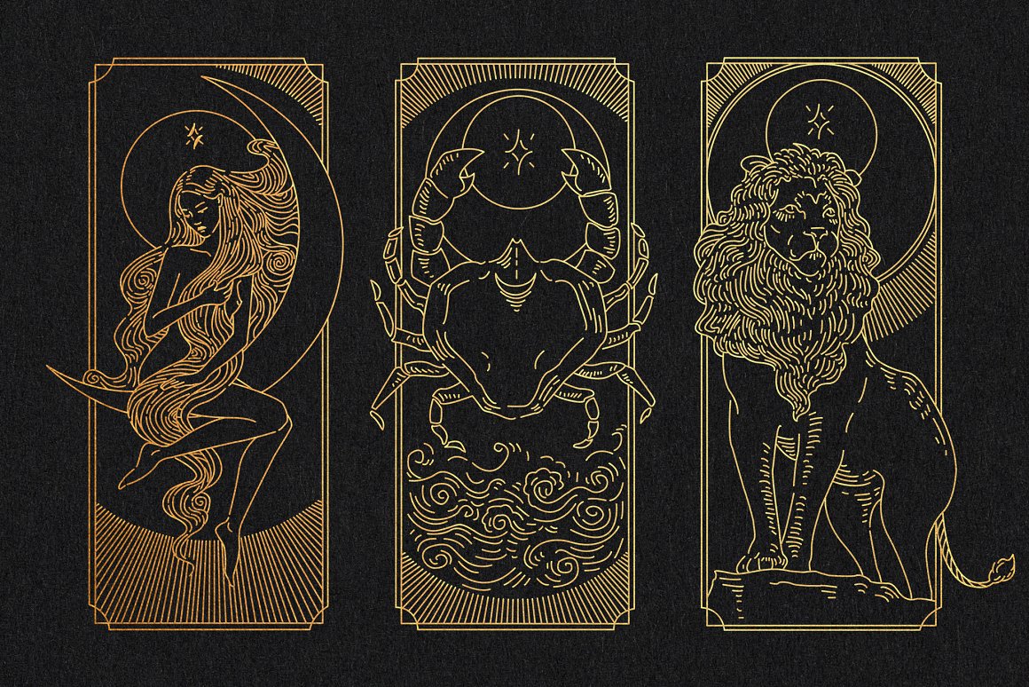 A set of 3 different golden zodiac figures on a black background.