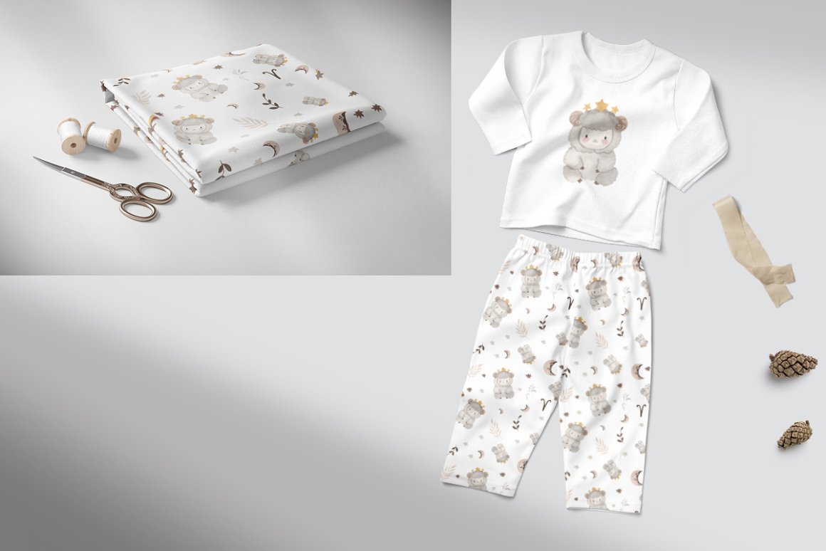 A white baby suit with a watercolor illustration of a baby zodiac sign - aries on a gray background.