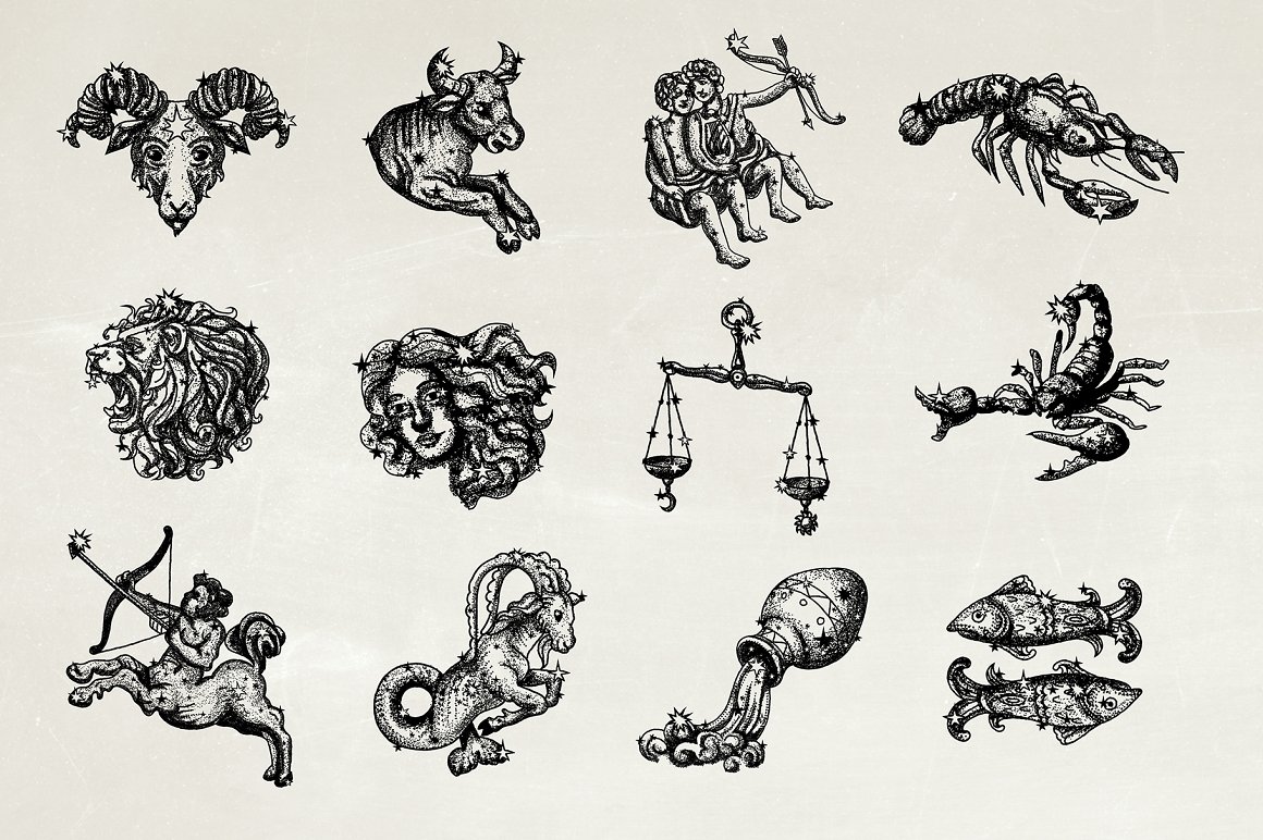 A set of 12 black different zodiac illustrations on a gray background.