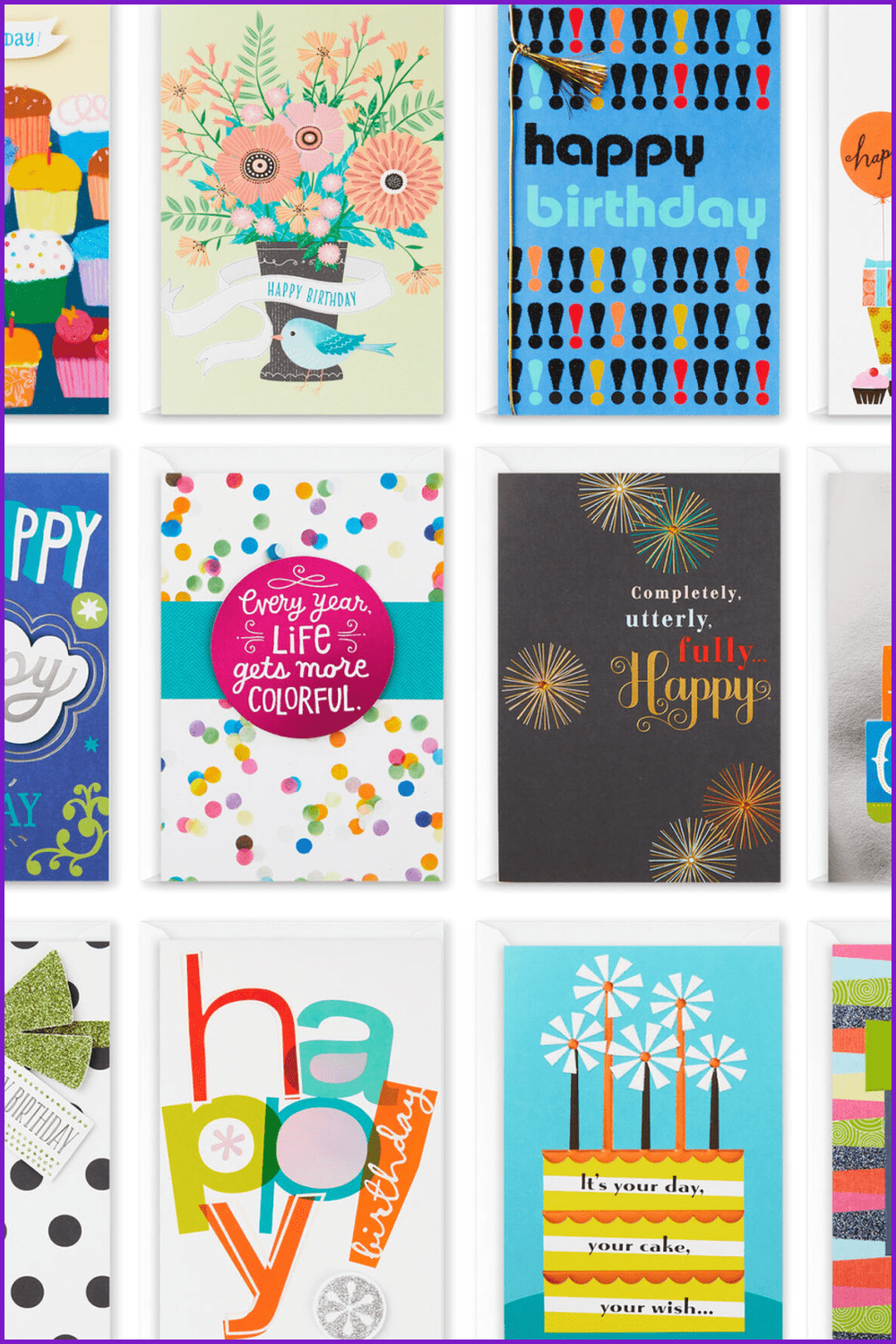 Collage of brightly drawn birthday cards.