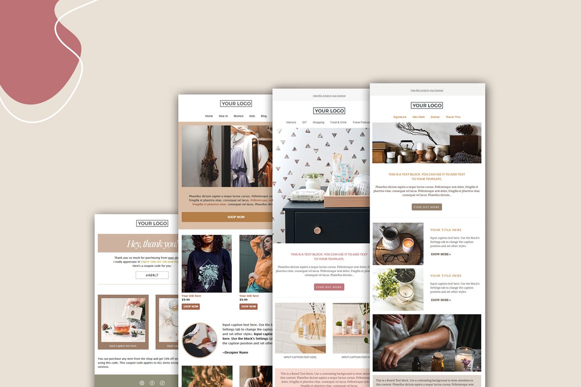 4 different mailchimp email templates on a light pink background.