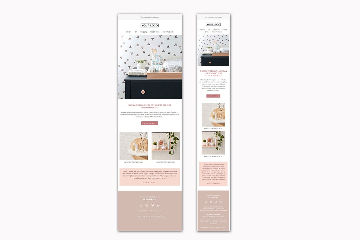 2 mailchimp email templates in different sizes on a white background.