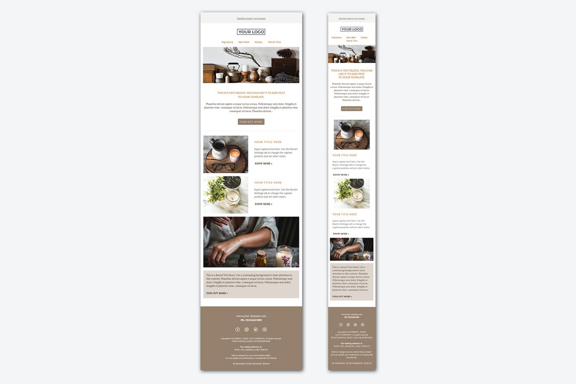 2 mailchimp email templates in different sizes on a grey background.