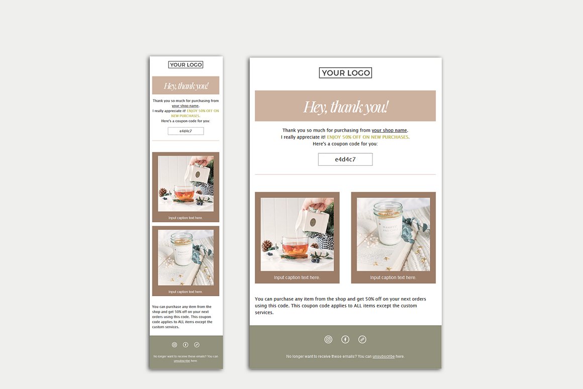 2 mailchimp email templates in different sizes on a grey background.