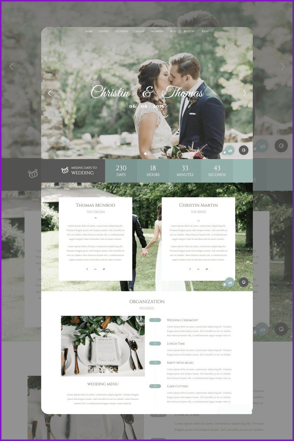 WordPress site page with a photo of the bride and groom on the background of nature.