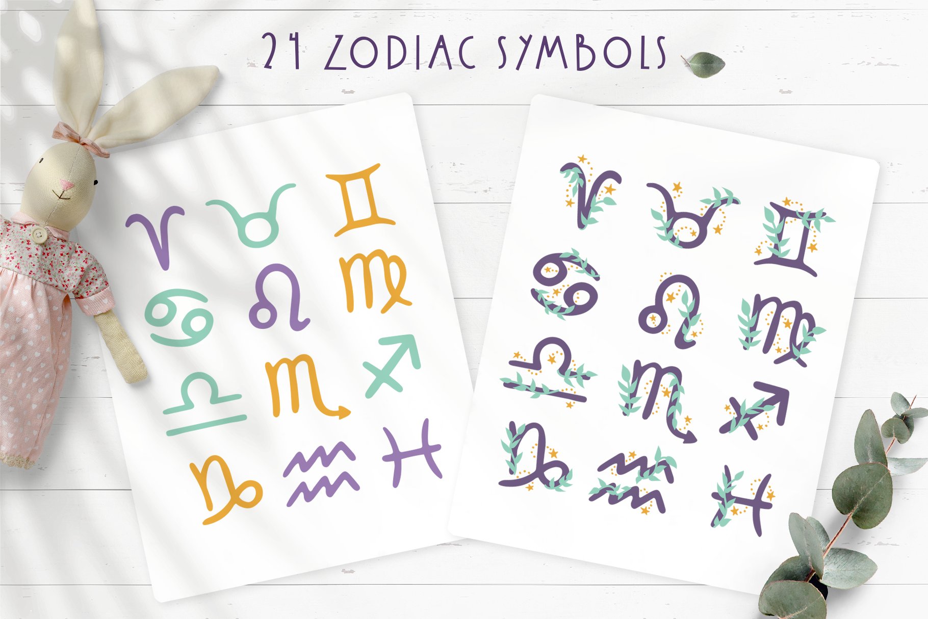 Some zodiac symbols in different colors.