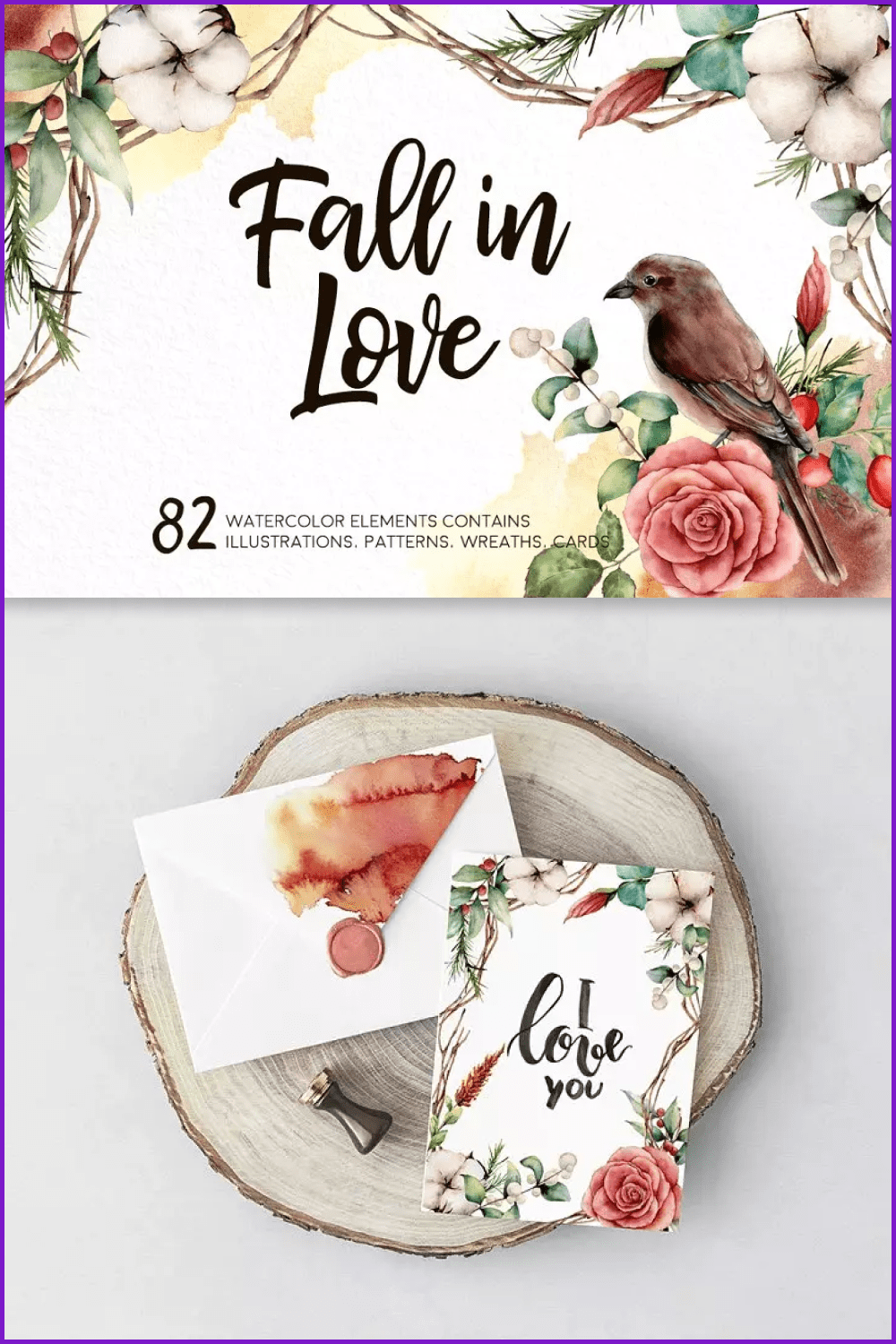 A collage of images of watercolor flowers, twigs, birds on an envelope and a postcard.