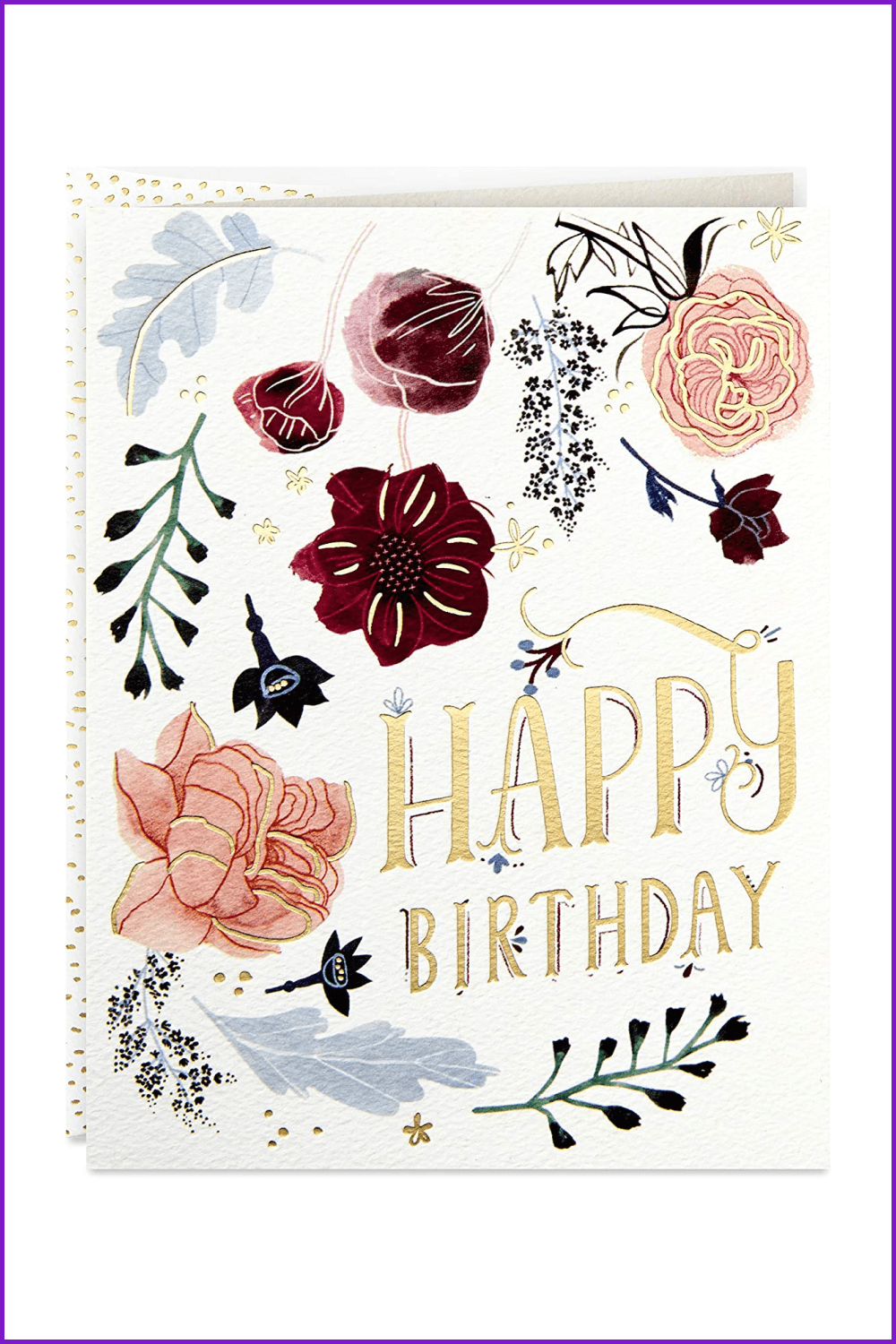 Postcard in vintage style with flowers and gold inscription Happy Birthday.