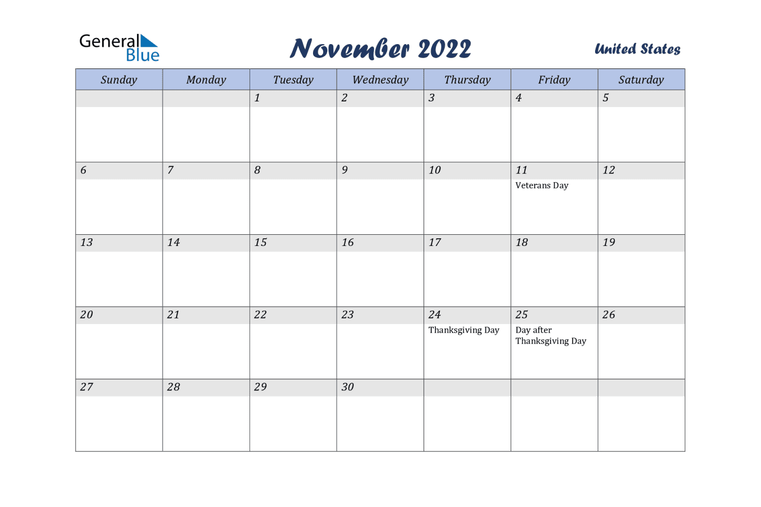 November calendar with holidays in date cells and gray stripes.