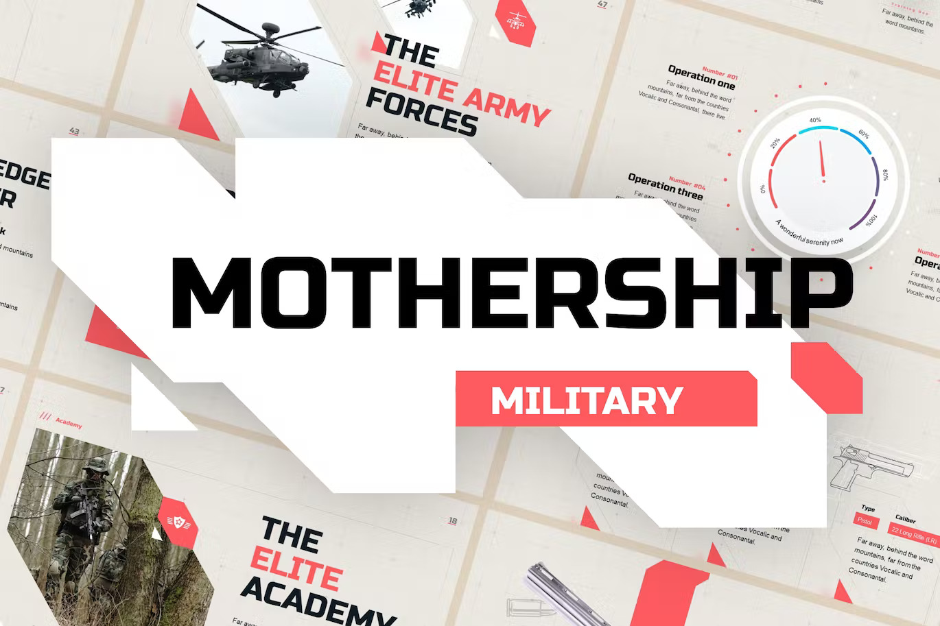 Black lettering "Mothership" on a white background and white lettering "Military" on a pink background and different presentation templates.
