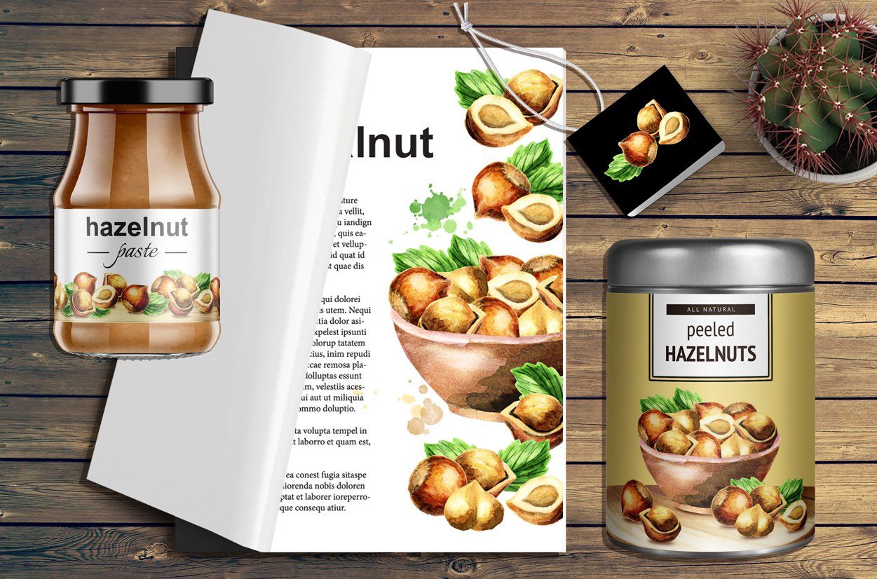 Glass jar, notebook and can with illustrations of a hazelnut on the wooden background.