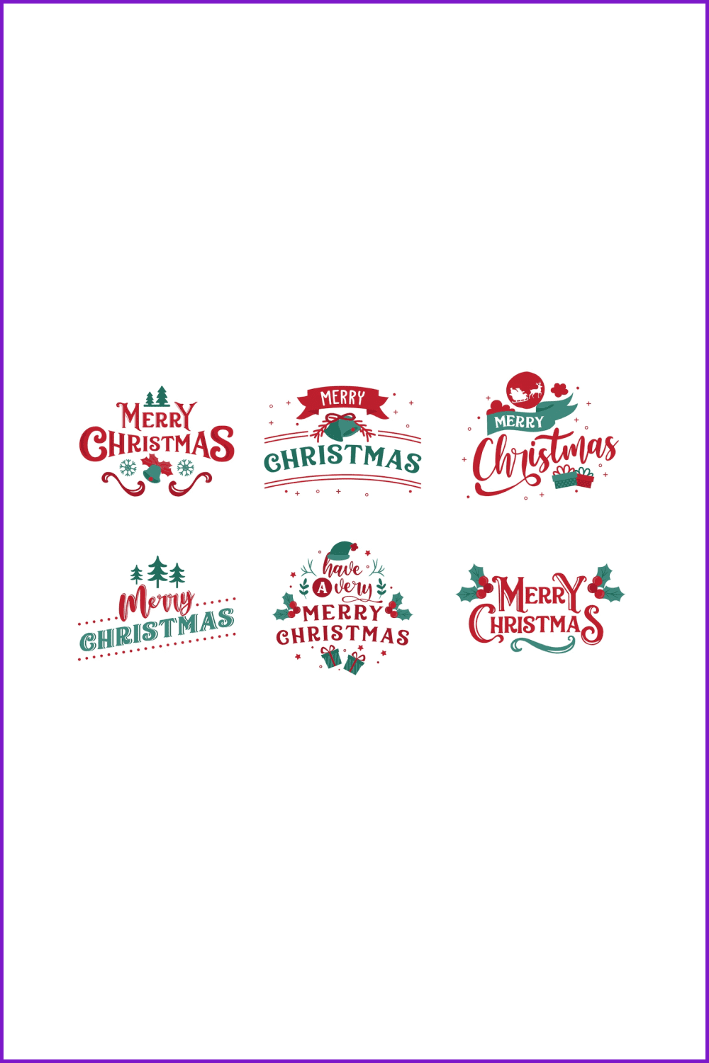 6 badges with red and green wishes Merry Christmas.