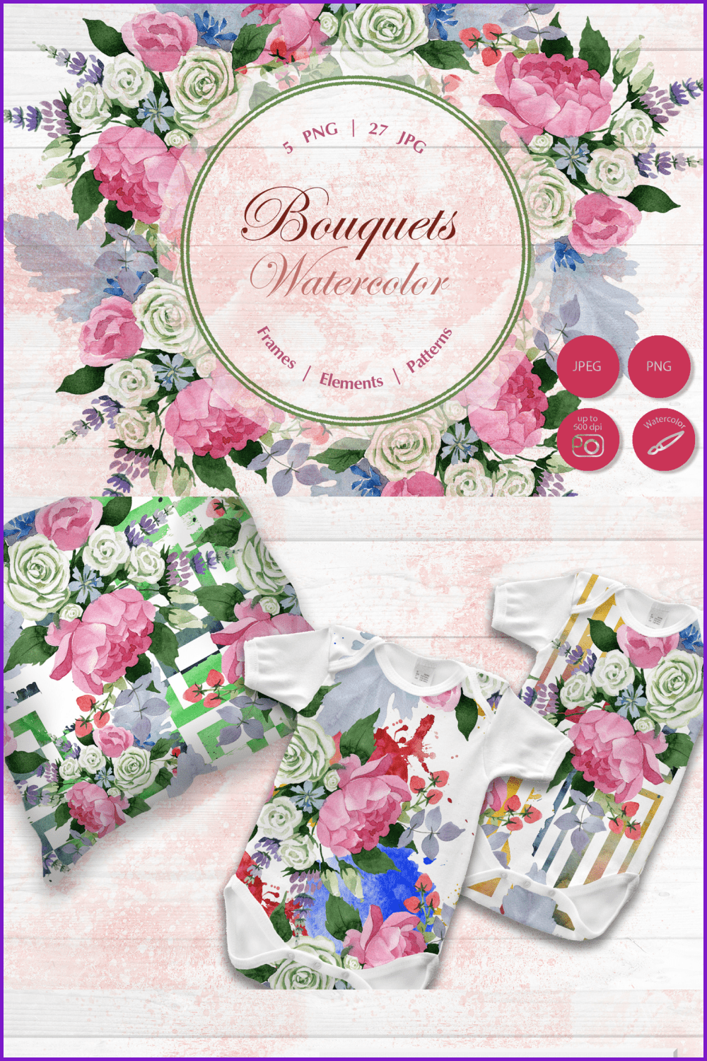 Prints of bright bouquets of flowers on pillows and children's things.