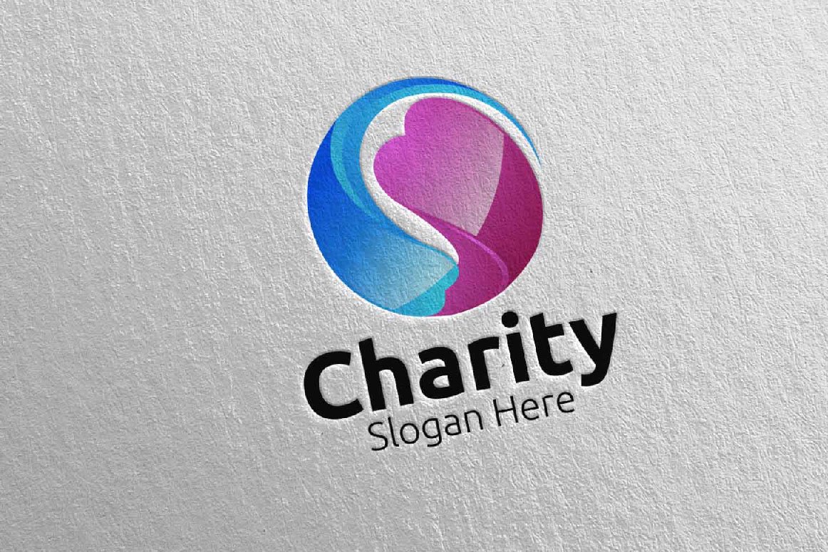 A blue and purple 3D charity hand love logo and black lettering "Charity slogan here" on a gray background.