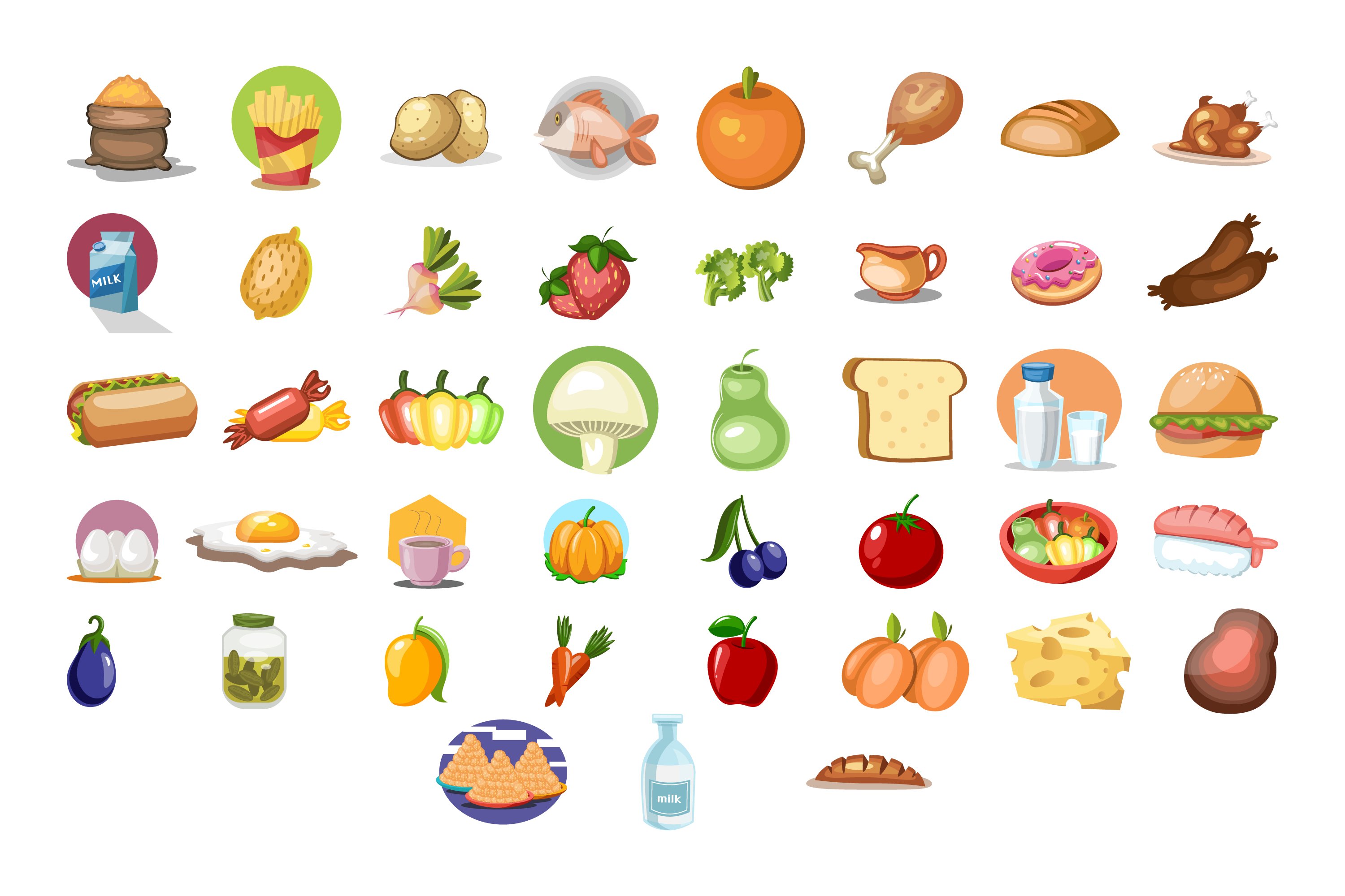 Set of cartoon images of food.