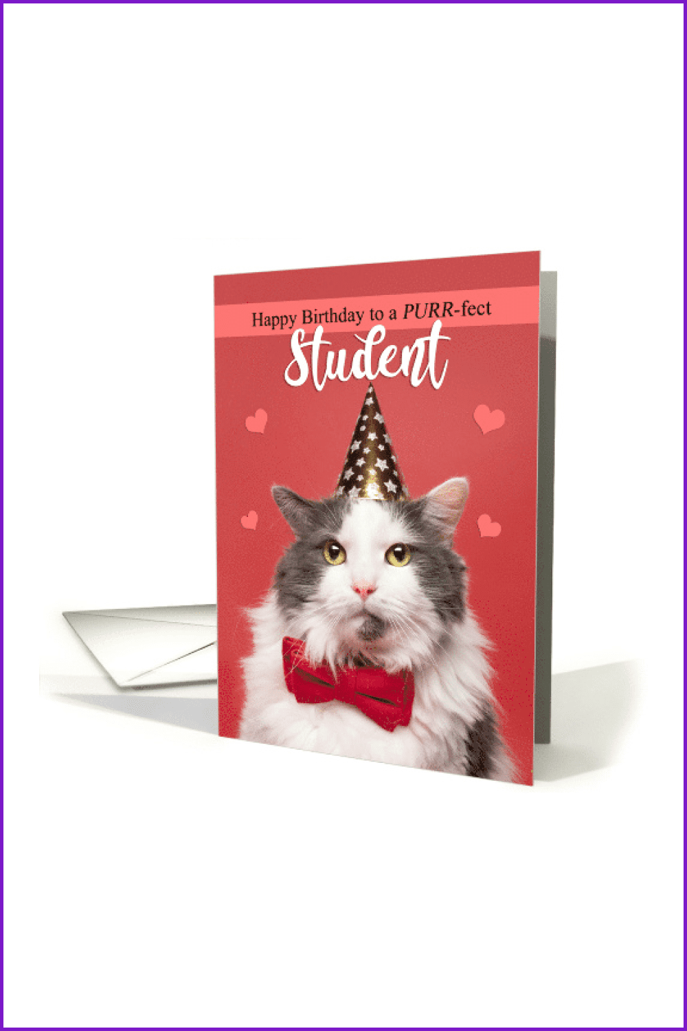 Birthday card with a photo of a fluffy cat with a butterfly and a cap on his head.