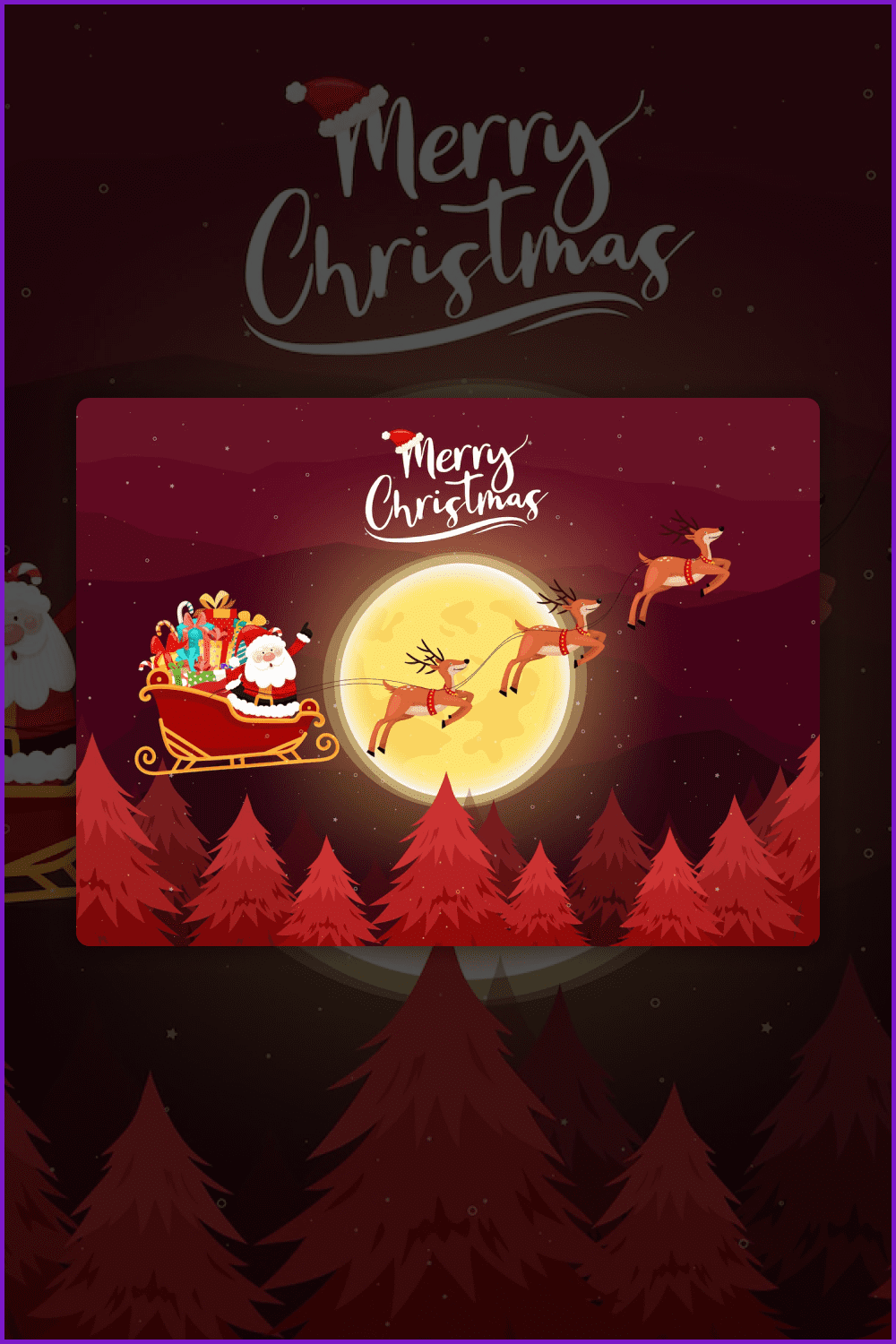 Drawing of Santa Claus in a sleigh with gifts against the background of the moon and red forest.