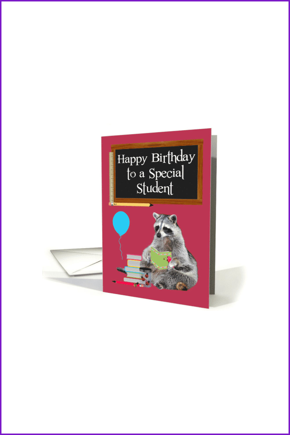 Birthday card for student with black board and raccoon with books.