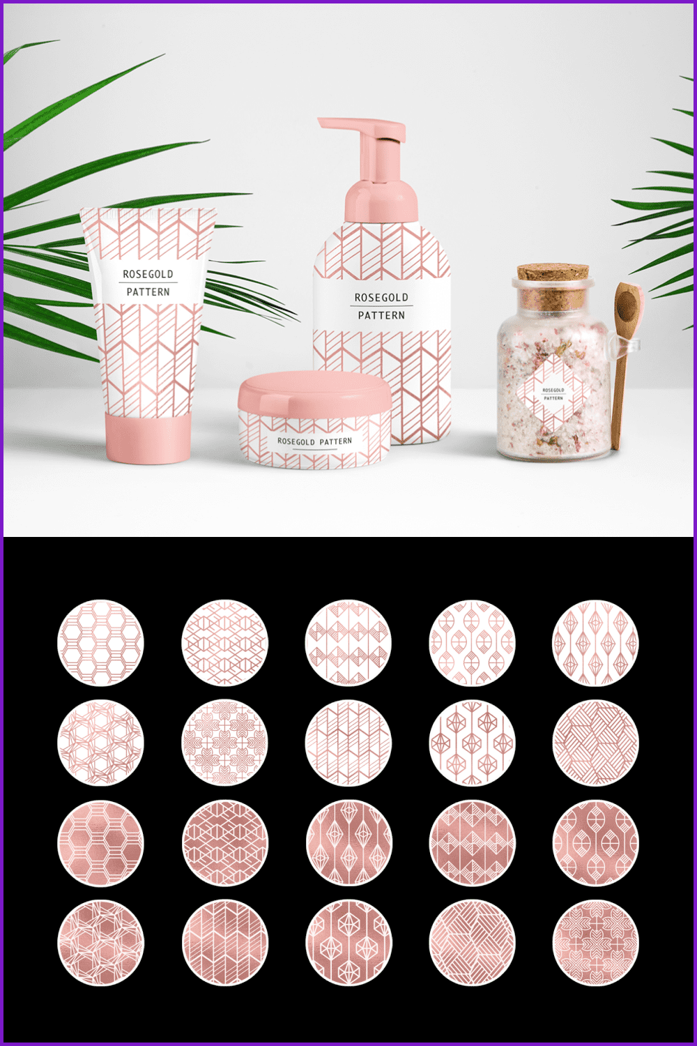 Examples of geometric pink patterns in circles and cosmetic products.