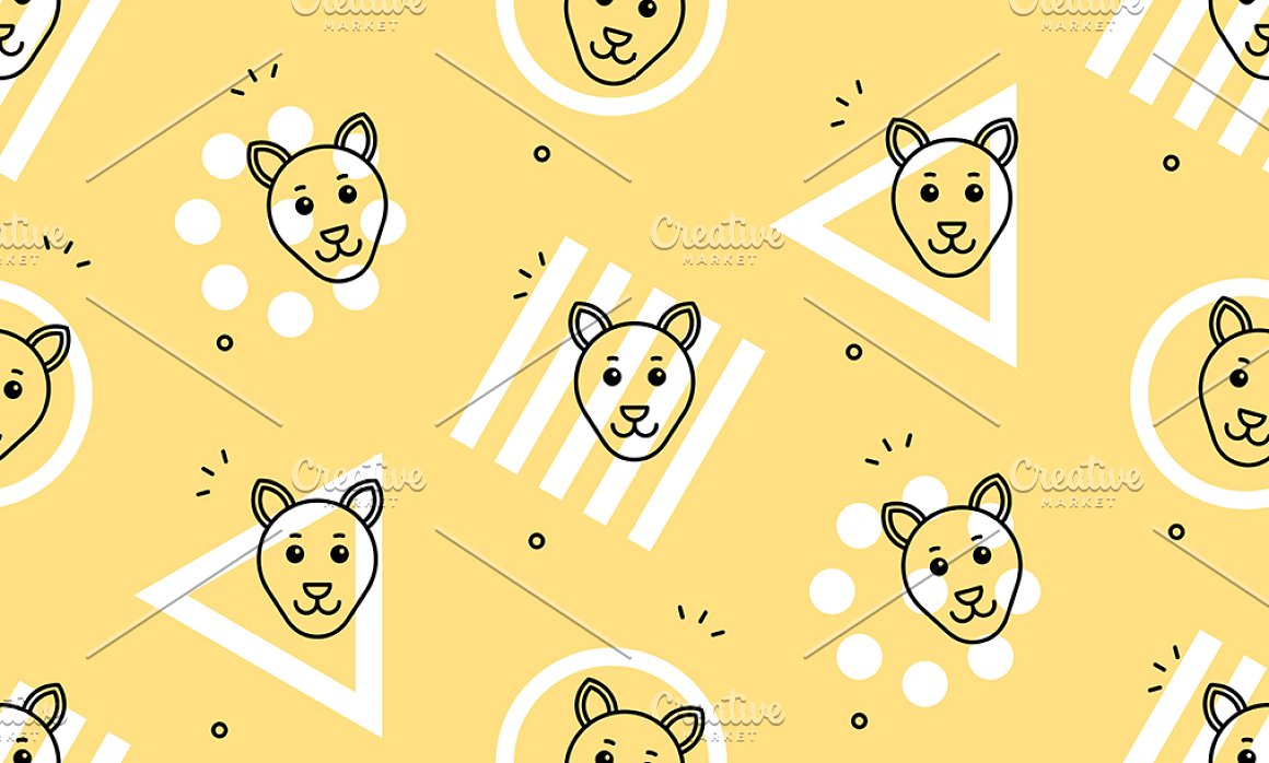 Yellow background with the geometric shapes and lion face.