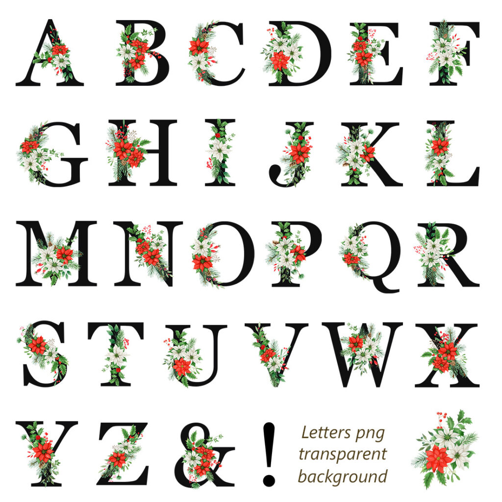 Christmas watercolor alphabet. Floral numbers and letters. Golden ...