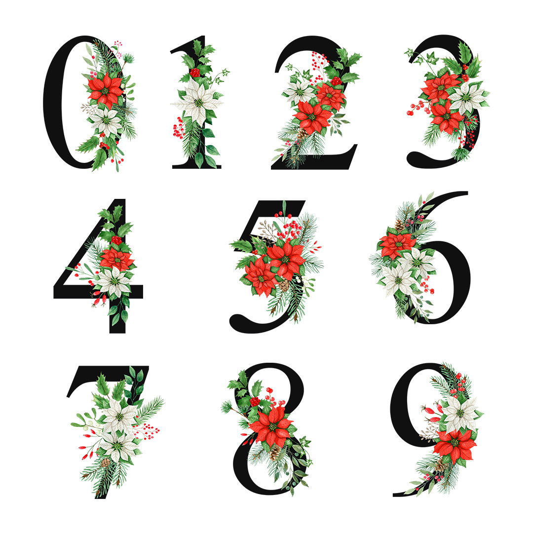 Christmas Watercolor Floral Alphabet, black numbers.