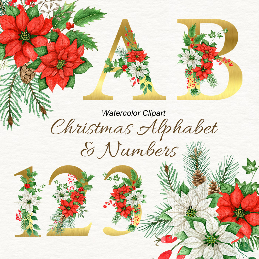 Christmas Watercolor Floral Alphabet, golden alphabet.