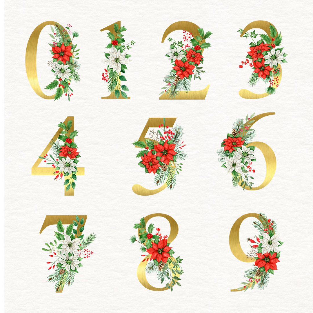 Christmas Watercolor Floral Alphabet, golden numbers.