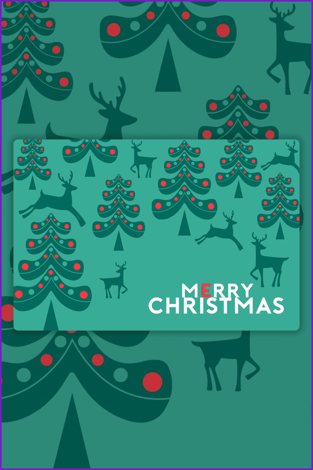 Drawing of stylized Christmas fir trees, deer on a green background with red accents.