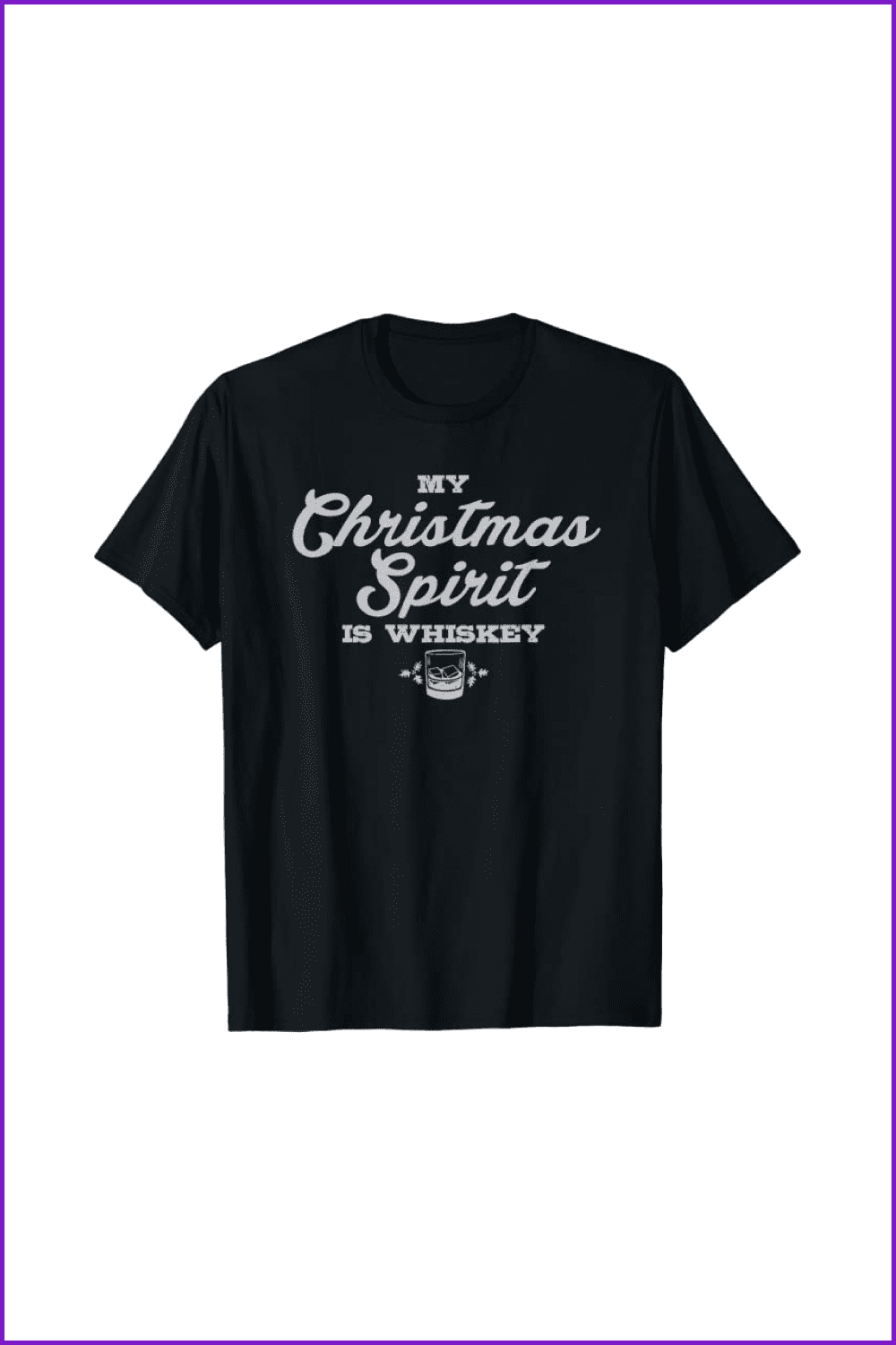 Black t-shirt with the glass of whiskey on the black background with the word Christmas.