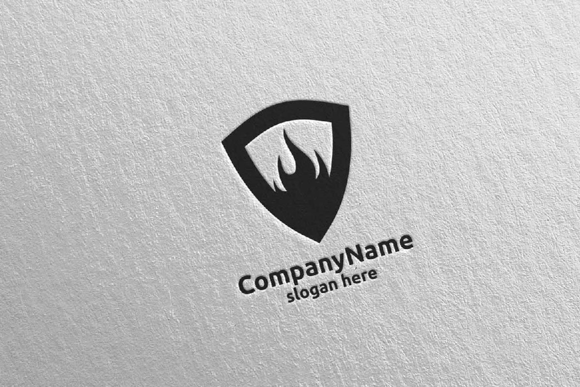 A black 3D fire flame element logo and black lettering "CompanyName slogan here" on a gray background.