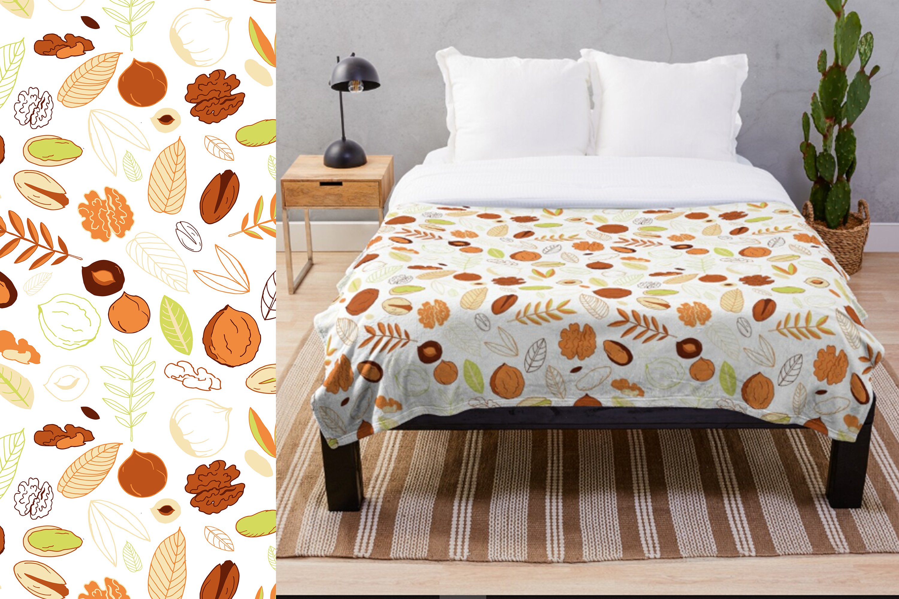 An example of bed clothes with nuts print.